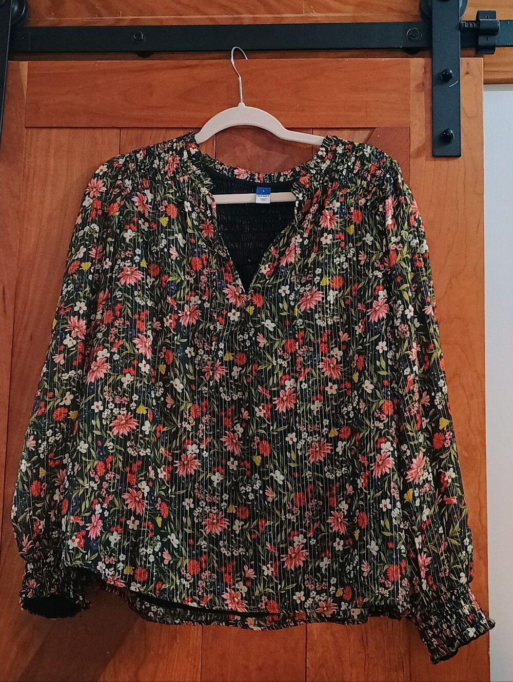 Smocked Floral Shine Blouse - Large